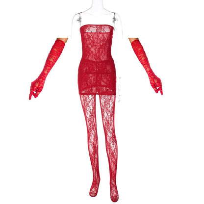 3 Pieces Women Mini Dress + Leggings + Gloves Matching Set 2025 New Club Party See Through Black Red Lace Dresses Suit Outfits
