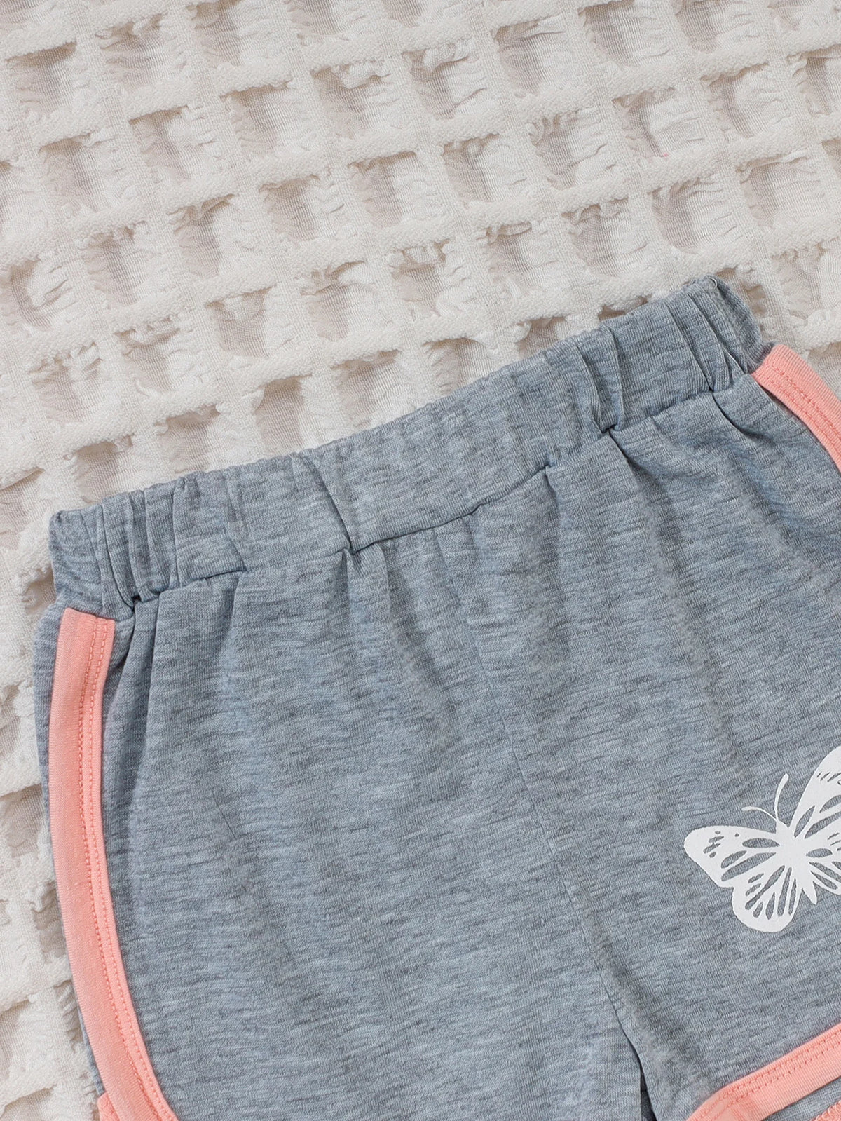 Summer Baby Girls 9-12M Pink Butterfly Print Short Sleeve T-Shirt & Gray Elastic Waist Shorts 2Pcs Set