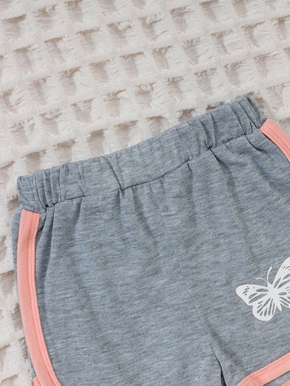 Summer Baby Girls 9-12M Pink Butterfly Print Short Sleeve T-Shirt & Gray Elastic Waist Shorts 2Pcs Set