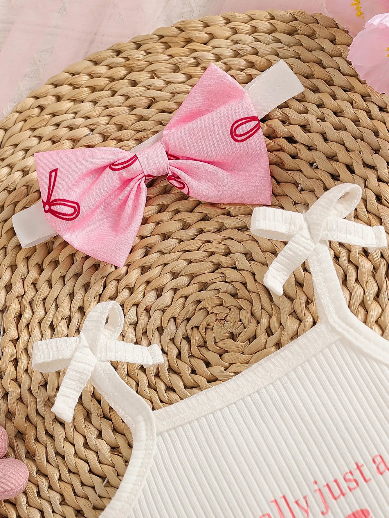 Baby Girl Summer Cute Bow Decoration Camisole Printed Bow Ribbed White