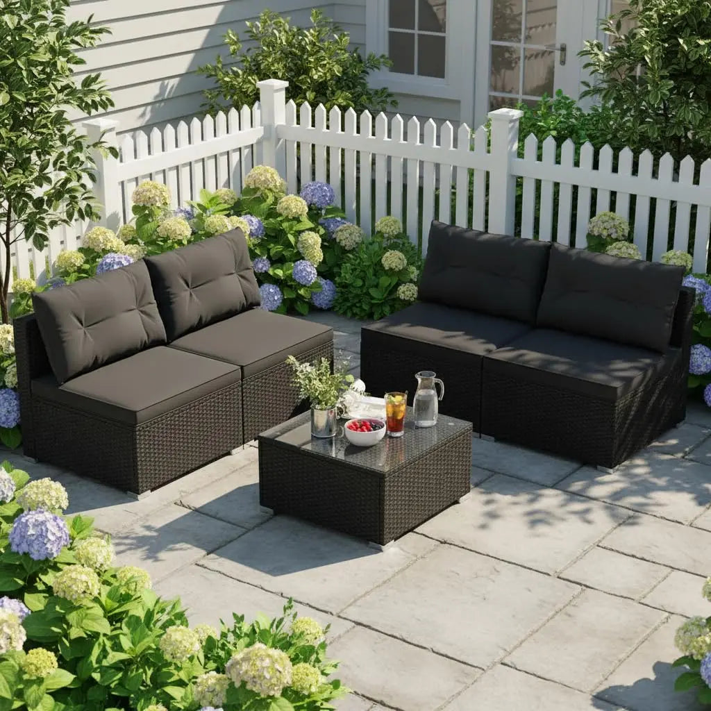 5 Piece Rattan Sofa Set, Patiojoy Outdoor Wicker Furniture Set with Seat & Back Cushions, Square Coffee Table,, Customized