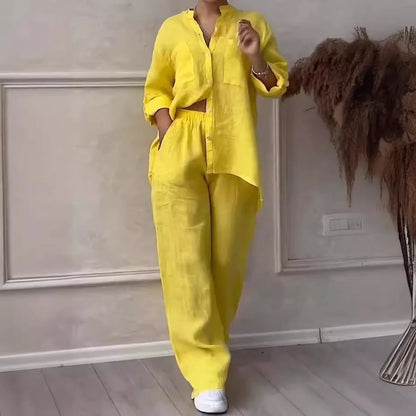Autumn Cotton And Linen Pant Sets Women Fashion Long Sleeve Shirts Lace Up Pant Two Piece Set Casual Loose Wide Leg Pants Suit