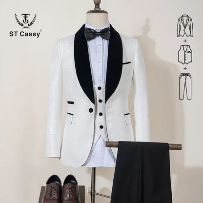ST Cassy High Quality Luxury Men's Suit 3 Piece Set Dinner Black Party Tuxedo Banquet Attire Fashion Male Groom Wedding