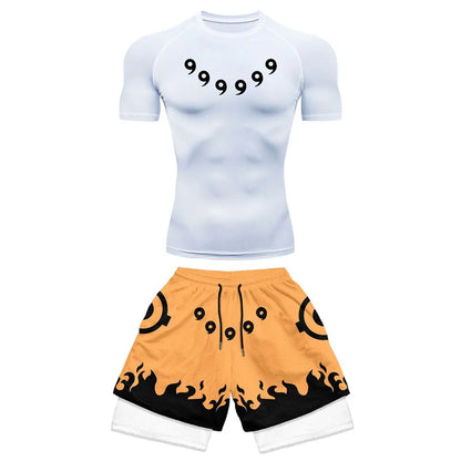 Anime Compression Set Running Sport Fitness Suit for Men Quick Dry Compression Shirt+Gym Shorts 2PCS Workout Summer Sportwear
