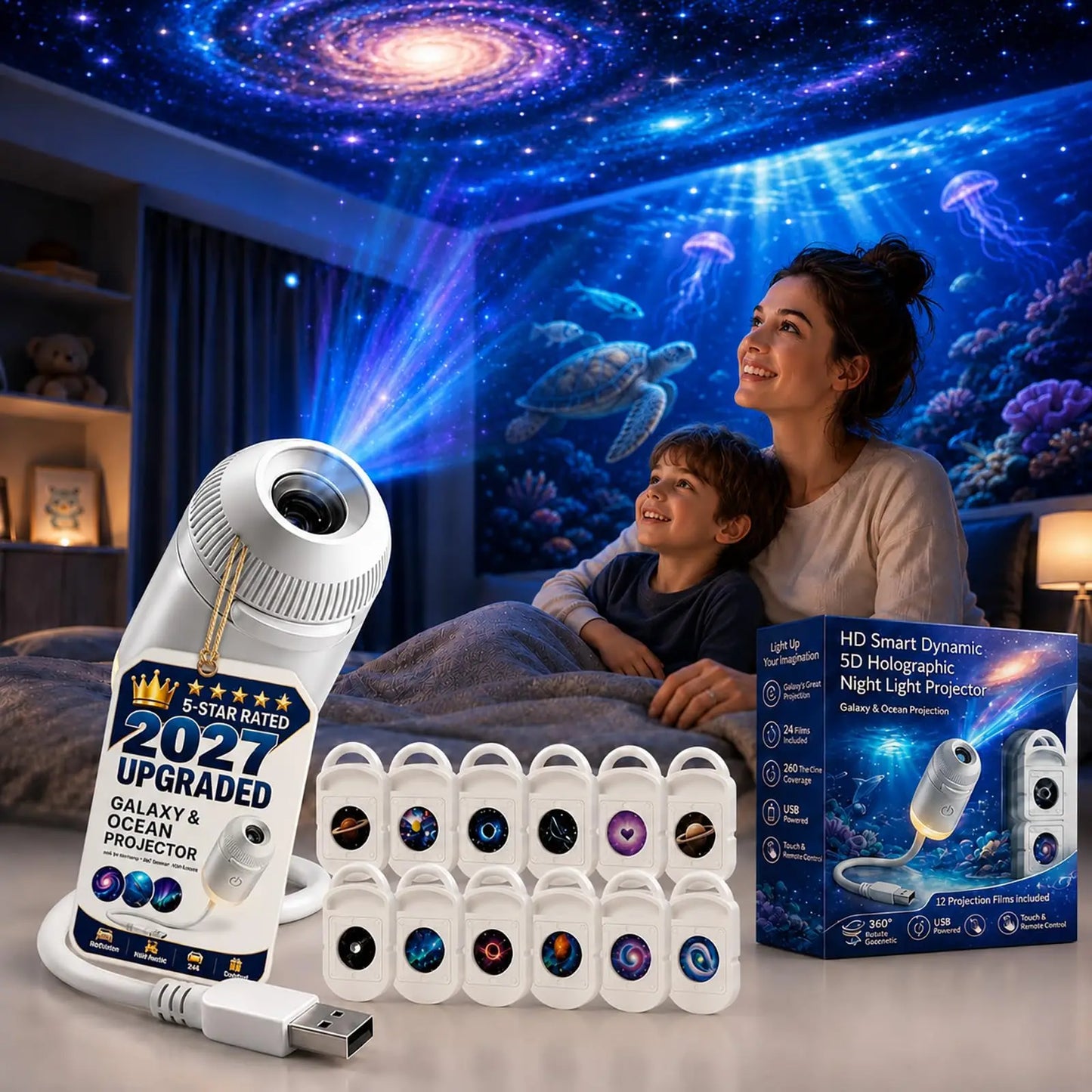 2027 Upgraded Hd Smart Dynamic 5d Holographic Night Light Projector, Plug and Play Hd Star Projector, 360° Adjustable Hd Galaxy