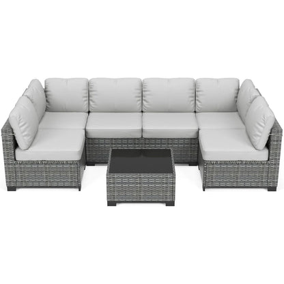 7-Piece Modular Outdoor Furniture Set, PE Rattan Wicker Sectional Modular Conversation Sofa Set, Perfect For Garden Balcony