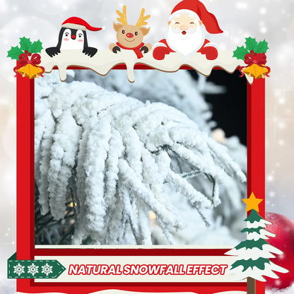 7FT Pre-lit Flocked Artificial Christmas Tree, Snow Flocked Xmas Tree with 360 Warm White LED Lights, 890 PVC Memory Wire Tips, Hinged Structure for Indoor Holiday Decor