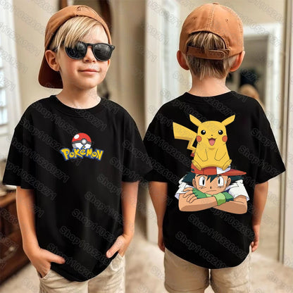 Pokemons Pikachu Cartoon Kids Printed T-Shirts Boys Girls Casual Short Sleeves Tops Children's Harajuku Fashion Tee Clothing