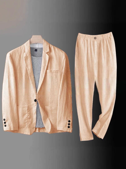 Cotton Linen Men's 2‑Piece Suit Lightweight Slim Fit Breathable Casual Suit Set for Office Wedding Sun Protection