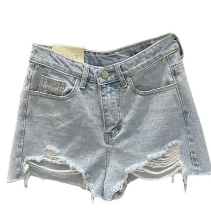 Trendy Women's Ripped Loose Fit High Waist Cotton Stretch Denim Shorts Frayed Hem A-Line Style Korean Version Summer Hot Pants