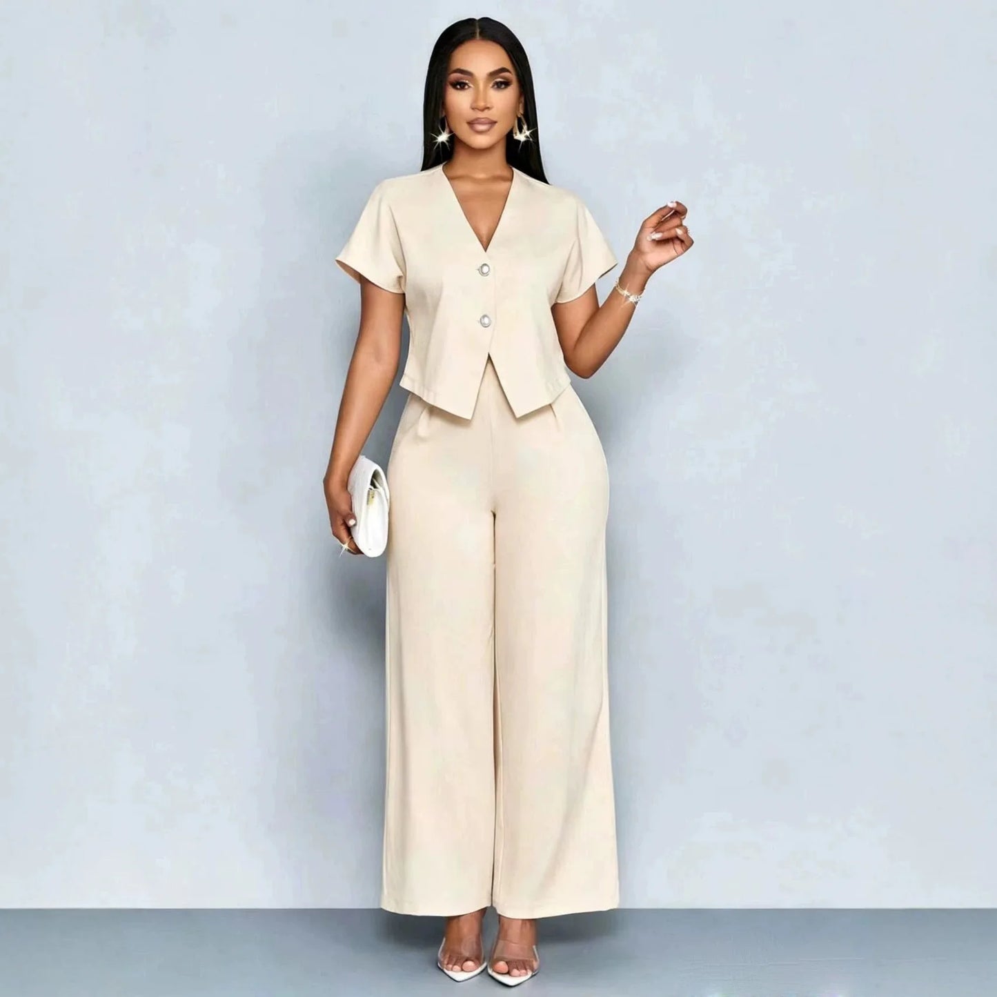 Summer Elegant 2 Piece Suit For Women V Neck Short Sleeve Blouse Top High Waist Wide Leg Pants Set Casual Business Office Outfit