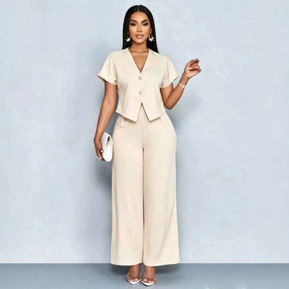 Summer Elegant 2 Piece Suit For Women V Neck Short Sleeve Blouse Top High Waist Wide Leg Pants Set Casual Business Office Outfit