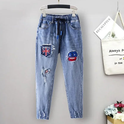 XL-6XL Plus Size jeans for Women Mom Jeans Woman Elastic High Waist Blue Baggy Jeans Denim Ripped Jeans Female Harem Pants