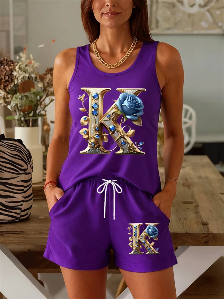 New Summer Women's Floral Print Tank Top Set Street-Style Versatile Fashion Tank Top and Shorts Two-Piece Set Sports T-Shirt Set