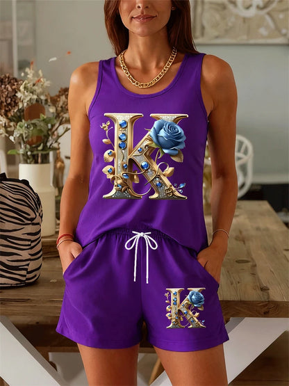 New Summer Women's Floral Print Tank Top Set Street-Style Versatile Fashion Tank Top and Shorts Two-Piece Set Sports T-Shirt Set