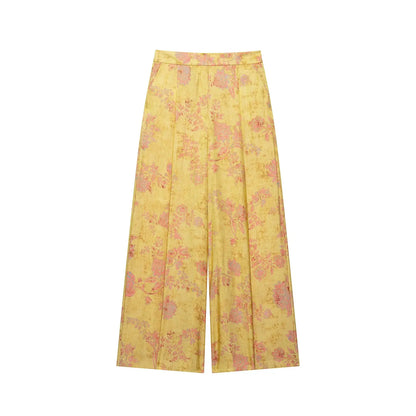 Women's Printed Pants Set Summer New O-neck Long Sleeve Rope Knot Decorative Tops High-waist Wide leg Pants Casual 2 Piece Sets