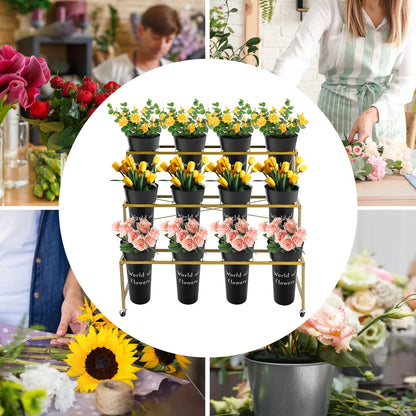 3 Layers Flower Display Stand with 12PCS Black Buckets,Metal Moving Plant Stand with Wheels, Garden Cart Display Flower Shelf
