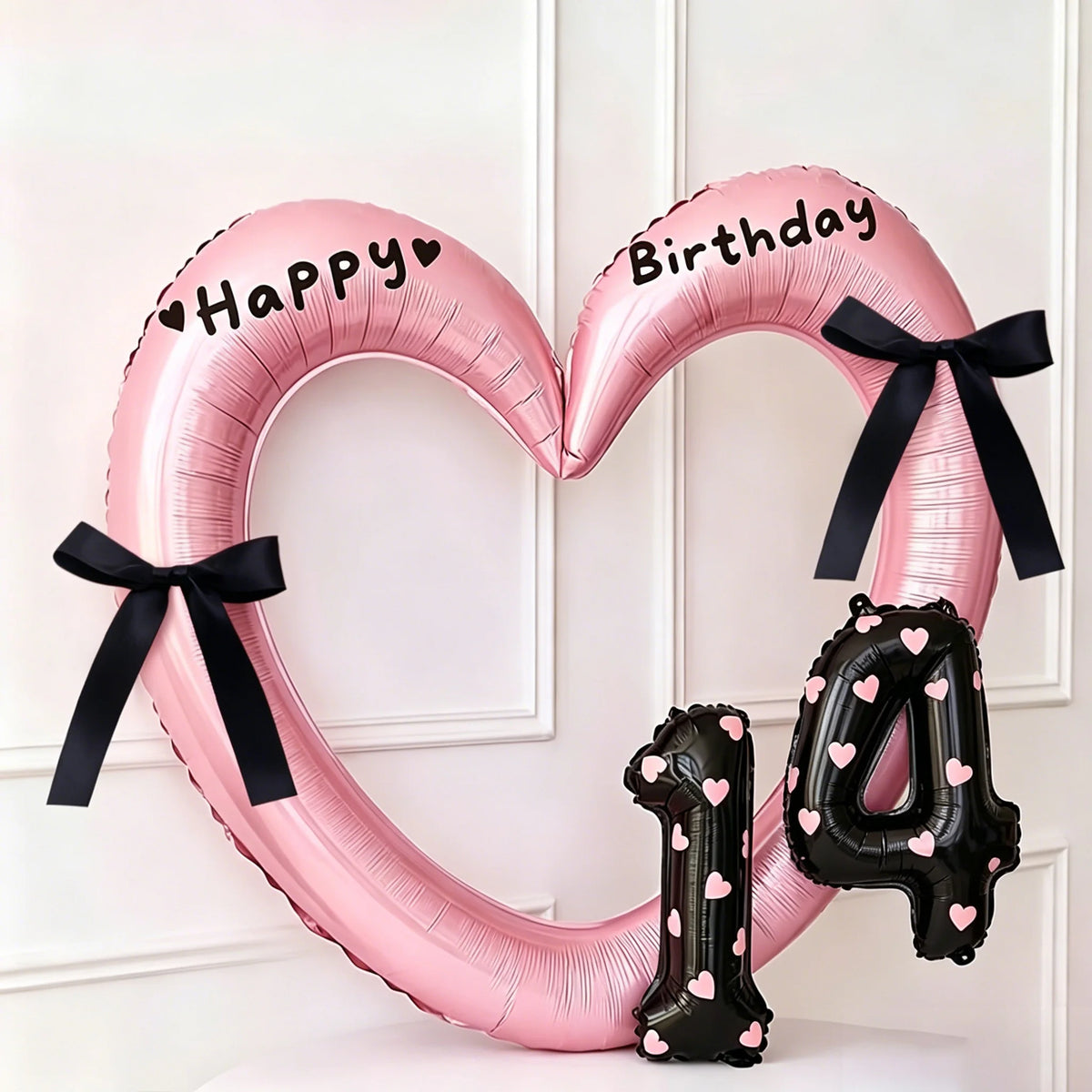 7Pcs 16inch Black Number Hollow-Out Heart Balloons and Heart Stickers Set, Includes 2 Number Balloons, 2 Stickers, 1 Glue Stick, 2 25cm Ribbons, for Birthday Parties, Wedding Anniversary Celebrations, Holiday Decorations