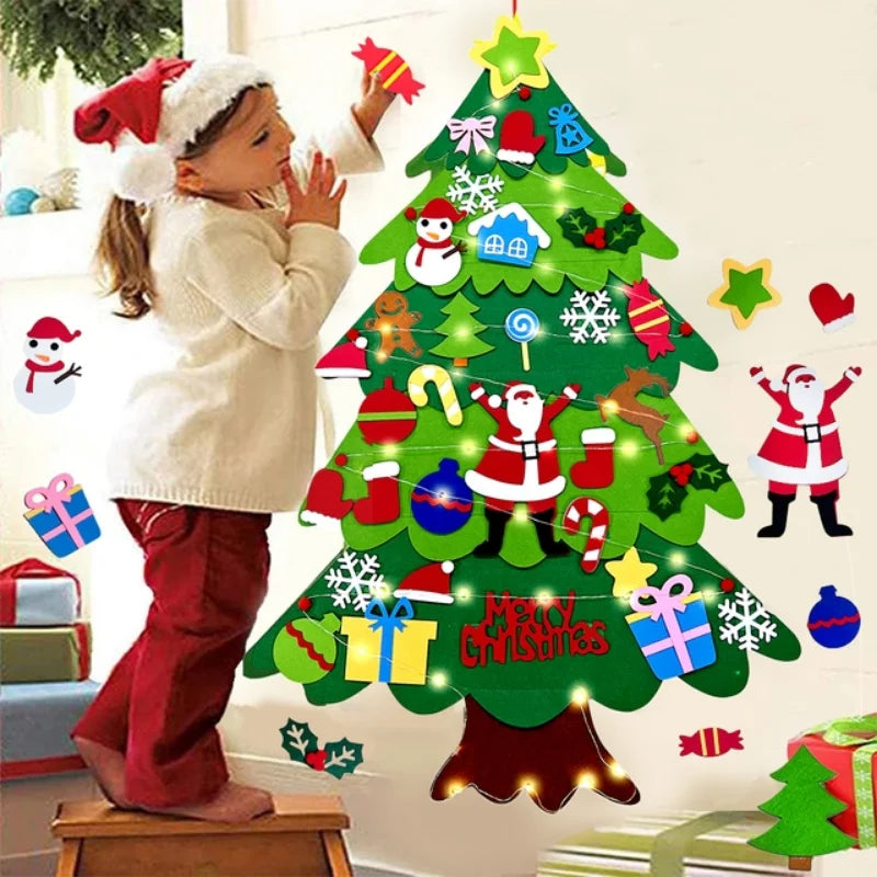 DIY Felt Christmas Tree with Hanging Ornament LED String Lights for Kids Gifts Christmas Decoration 2024 New Year Xams Supplies