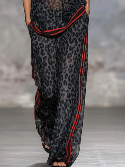 Summer Women's Casual Trousers Set Leopard Print Stripe Contrast Color V-Neck Short-sleeved Top Wide-leg Pants Two-piece Sets