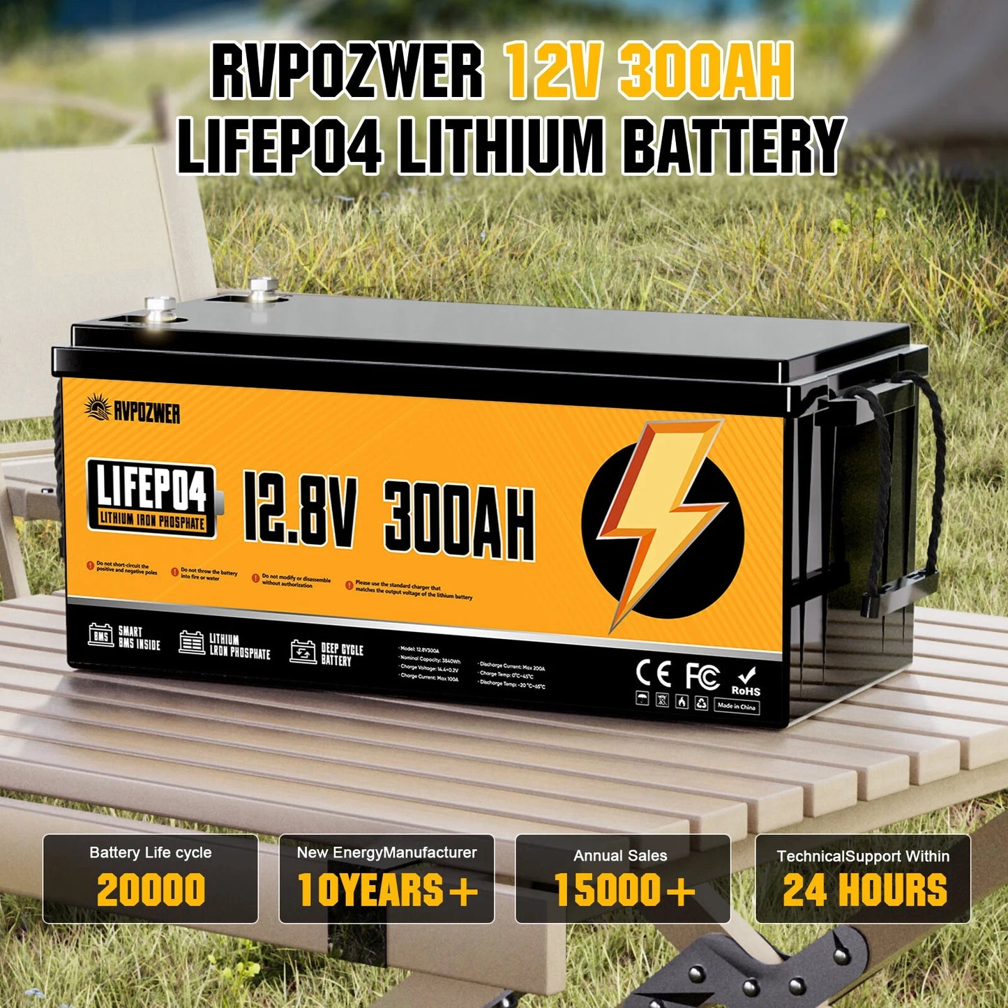RVPOZWER 12.8V 300Ah LiFePO4 Lithium Battery 3840Wh Smart Built-in BMS Rechargeable Storage Battery 15000+ Deep Cycles Portable Iron Phosphate Battery for Off-Grid Solar System RV Camper Trailer Marine Boat Trolling Motor Hou