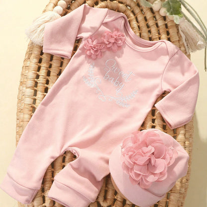 2pcs Newborn Rompers Spring Autumn Baby Girl Clothes Floral Cotton Blend Jumpsuit Overall + Hat Suit for 0-6 months