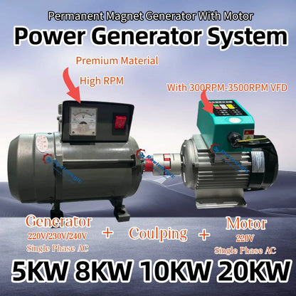 Premium Material 5KW 10KW 20KW 220V Single Phase Alternator High RPM Permanent Magnet Generator With VFD Motor Household Load