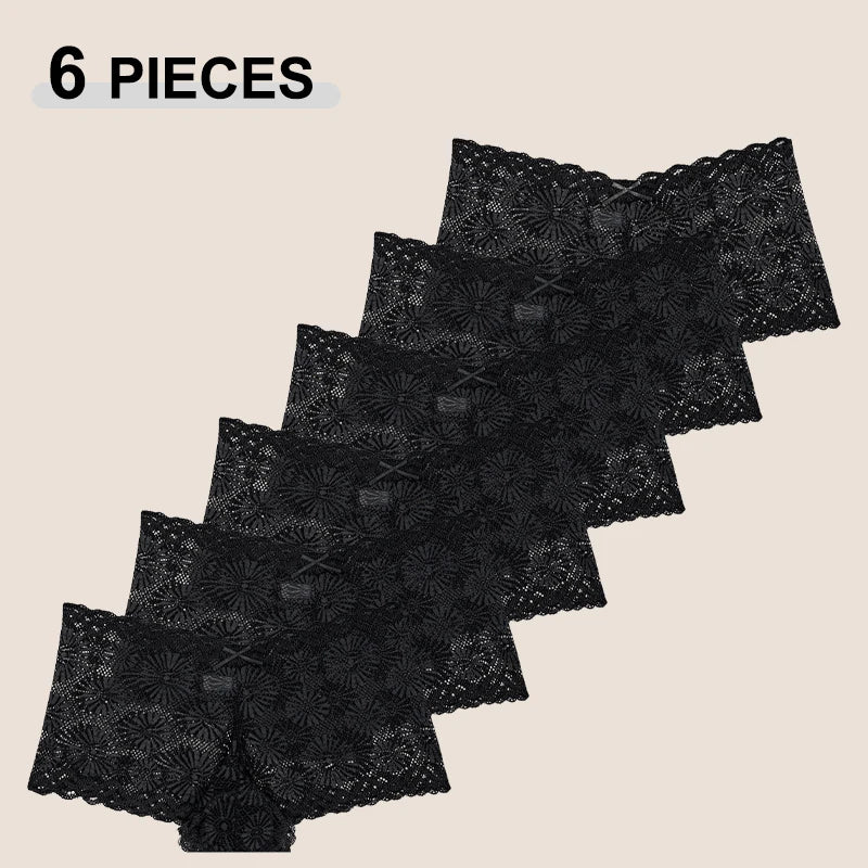 6PCS Women's Seamless Sexy Lace Perspective Boxer Shorts Solid Color Hollow Out Sunflower Bowknot Transparent Intimate Lingerie