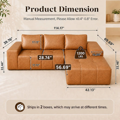 114" Cloud Sectional Sofa with Chaise, L-Shaped Modular Faux Leather Couch, Boneless Deep Seat Sofa No Assembly Needed for Living Room Apartment Bedroom, Brown