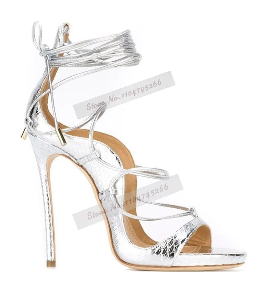Ladies Sexy Black Gold Snakeskin Stiletto Heels Gladiator Sandals Lace-up Strappy Covered Heels Dress Pumps Python Printed Shoes
