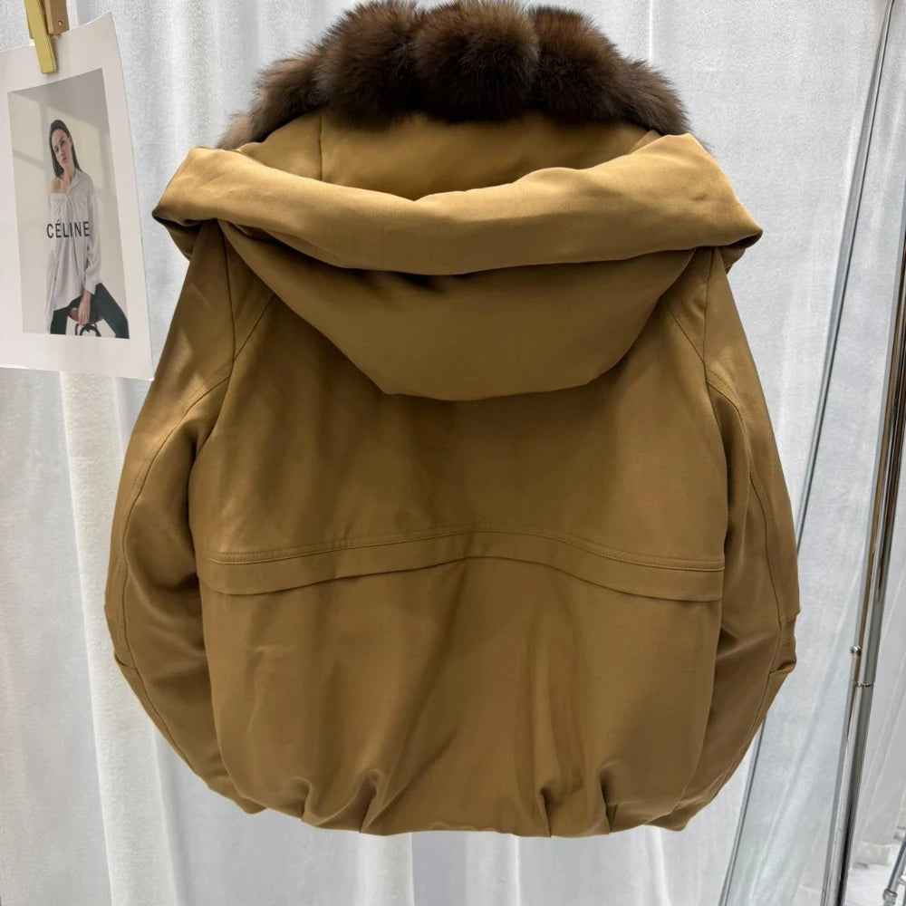 OFTBUY Women Hooded Large Fox Fur Coat Real Duck Down Parka Windproof Fabric Jacket Winter Drawstring Thick puffer jacket woman