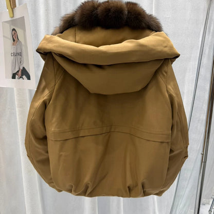 OFTBUY Women Hooded Large Fox Fur Coat Real Duck Down Parka Windproof Fabric Jacket Winter Drawstring Thick puffer jacket woman