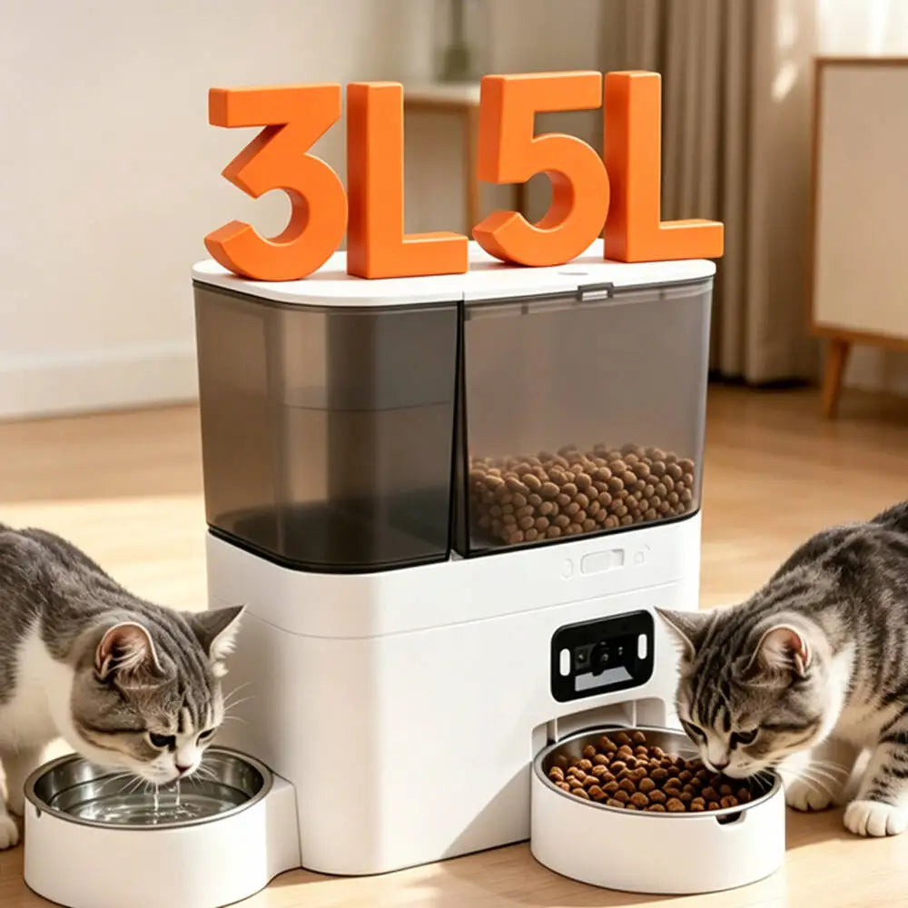 Pet Food and Water Dispenser 5L+3L Button WiFi Camera Tuya APP Automatic Smart Cat Feeder for Cats Dogs Stainless Steel Bowl