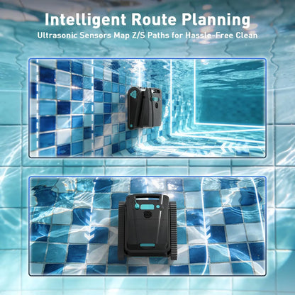 Cordless robotic pool cleaner for above-ground and in-ground pools; features automatic parking; maximum cleaning coverage of 19.8 meters / 1,100 square meters (tracked model).