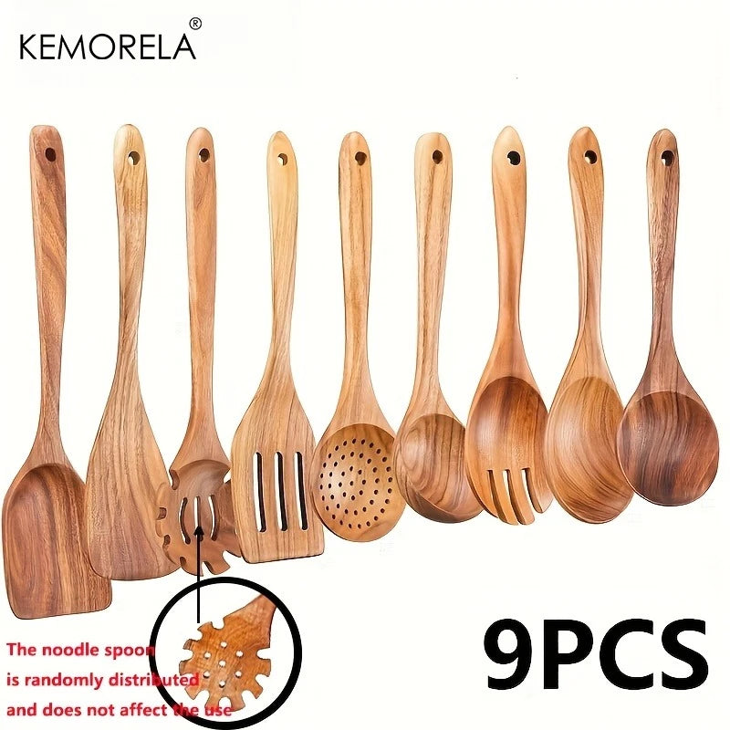 9PCS Acacia Wood Kitchen Utensils Set - Natural Wood Cooking Spoons, Spatulas, Noodle , Non-Stick, Durable Wooden Cookware