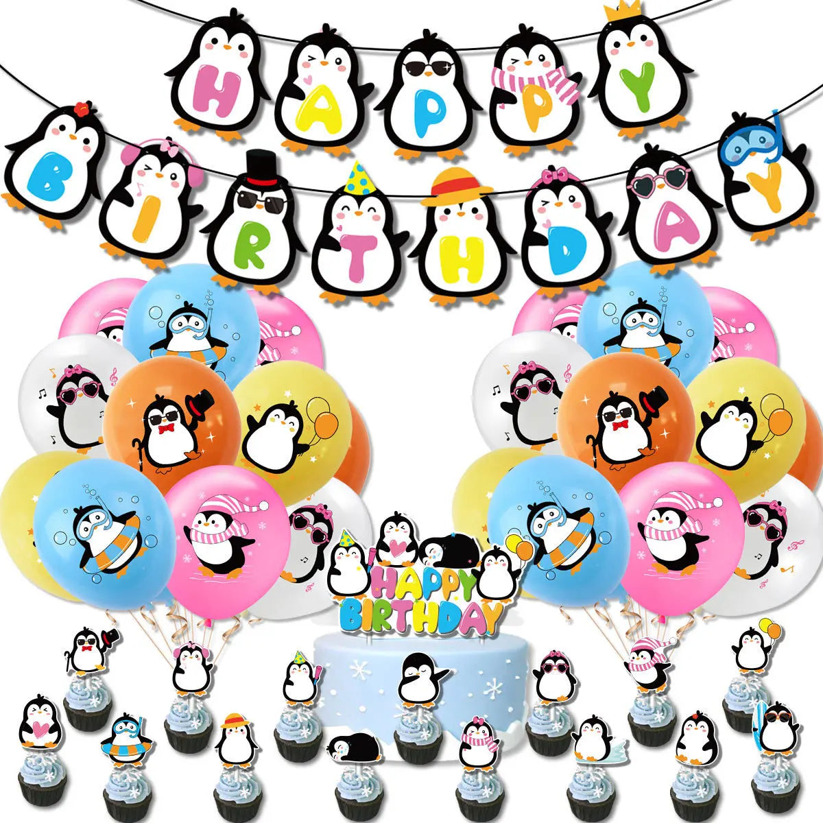 Happy Birthday Cake Topper Penguin Hat Snowflake Anniversary Cupcake Toppers Baking DIY Party Flag Baby Shower Cake Decor
