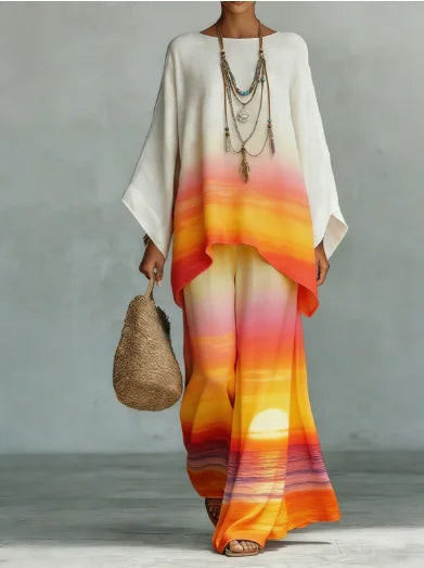 Boho Two Piece Set Summer Women's Loose Patchwork Wide Leg Pants Set Fashion O Neck Pullover Top 2-piece Set Outfit Streetwear