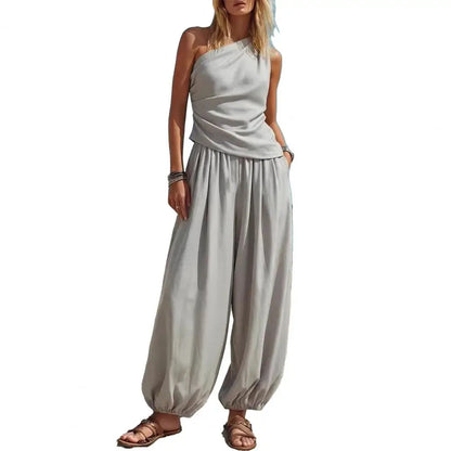 Summer Women Outfit Tank Top Pants Two Piece Set One-shoulder Sleeveless Shirt Solid Color Loose Casual Top Pants Suit