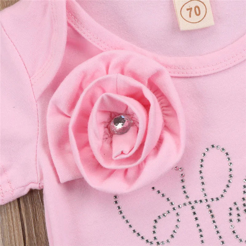 0-18months Baby Girls Romper With Headband Solid Pink Summer Short Sleeve Flowers Jumpsuit For Infant Girls