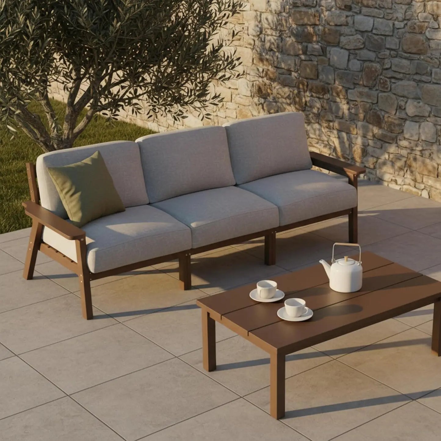 Patio Furniture Set 3 Seats, HDPE Outdoor Sectional with Washable Beige Thick Cushions, Coffee Table & Side Table,, Customized