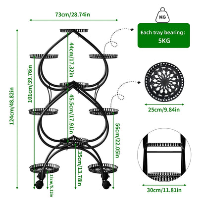 Iron Metal Plant Stand 9-Potted Rolling Flower Display Rack Holder with Wheels Indoor Outdoor
