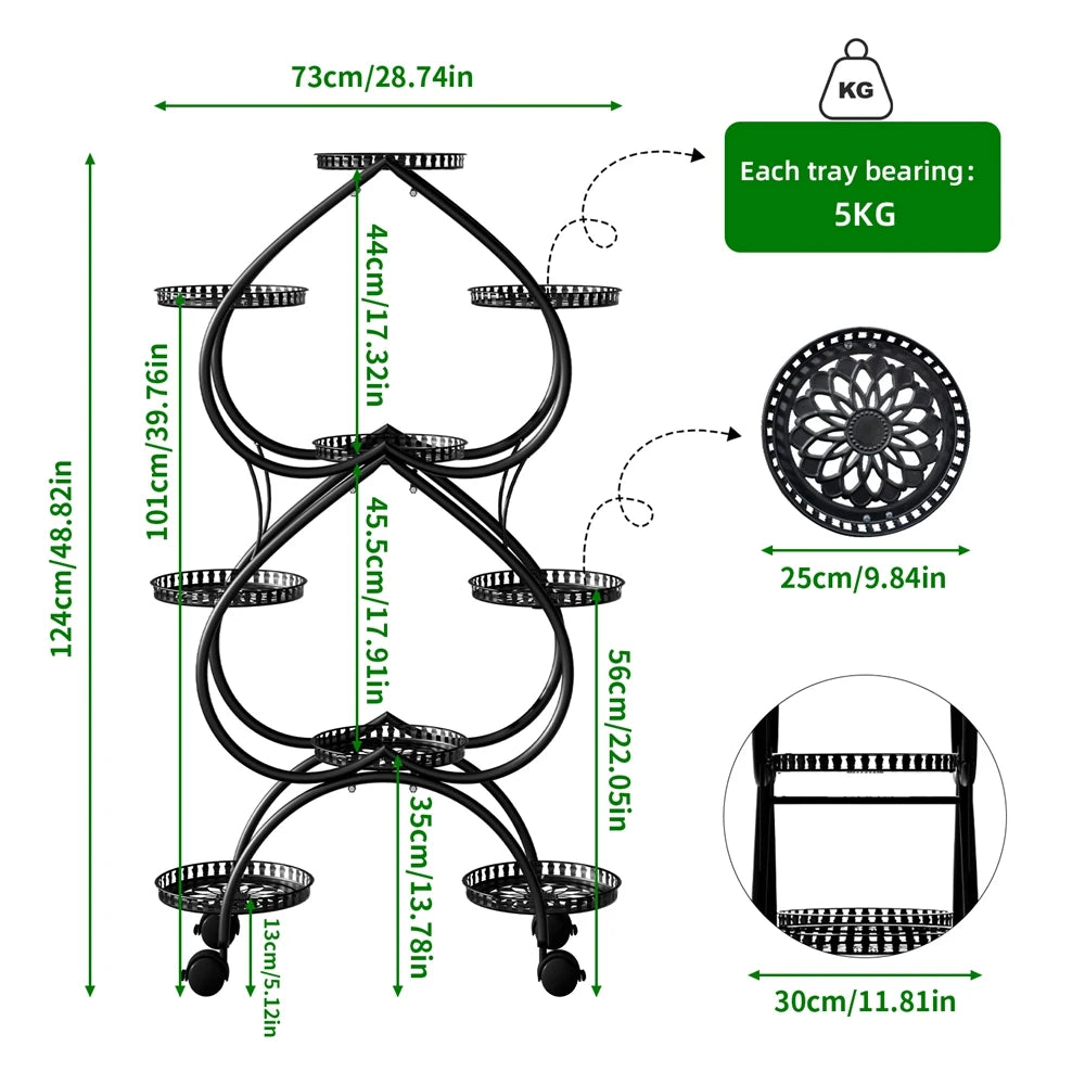 Iron Metal Plant Stand 9-Potted Rolling Flower Display Rack Holder with Wheels Indoor Outdoor
