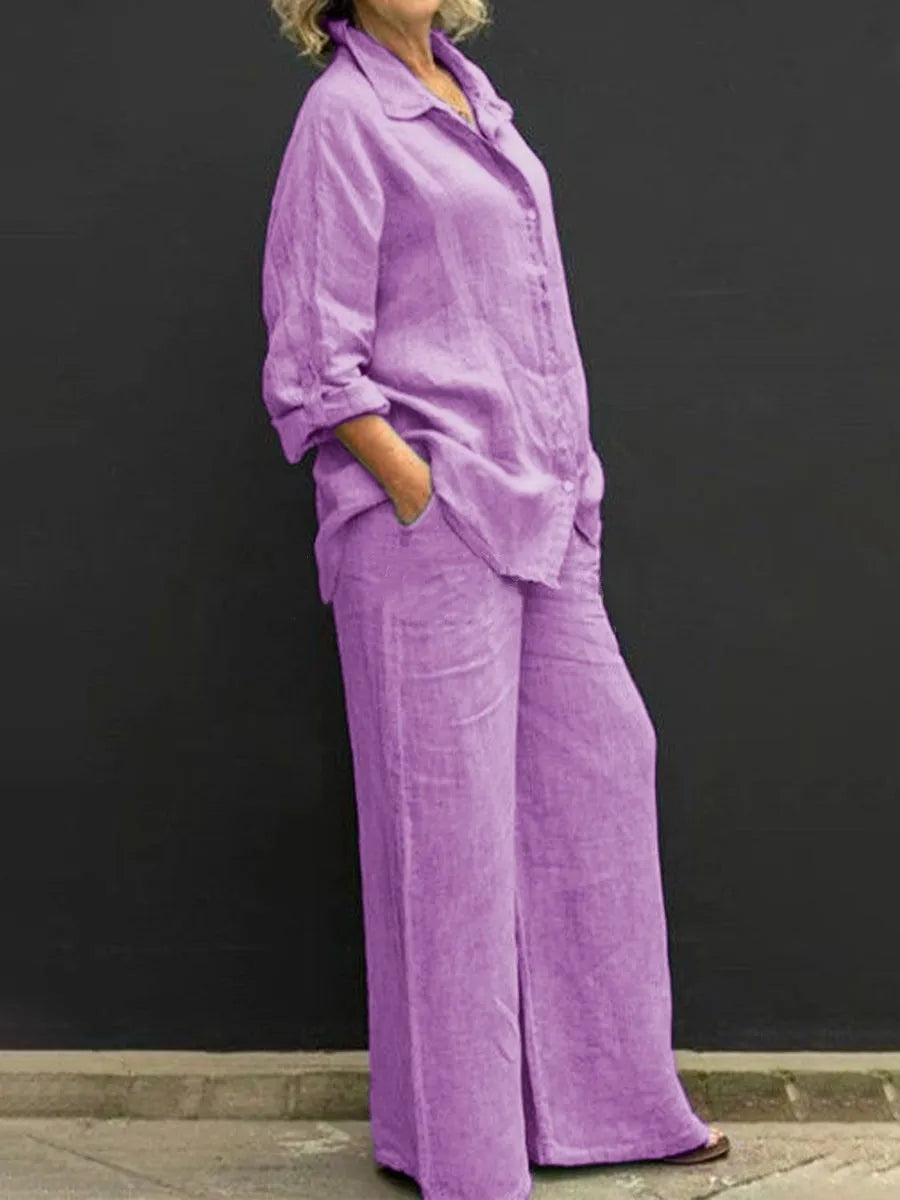 Solid Color Cotton Linen Shirt 2 Piece Set For Women Spring Autumn Long Sleeve Blouse Wide Leg Pants Suits Female Casual Outfits