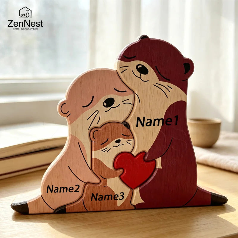 Cute Otter Family Wood Puzzle Ornament Red Heart Tabletop Decor Mother's Day Christmas Birthday Home Office Souvenir Gift