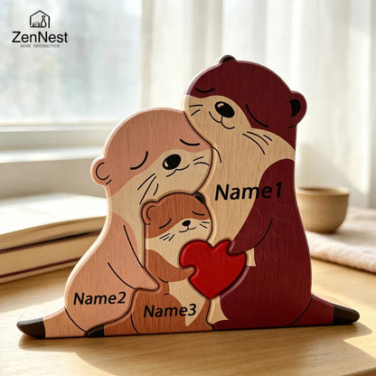Cute Otter Family Wood Puzzle Ornament Red Heart Tabletop Decor Mother's Day Christmas Birthday Home Office Souvenir Gift