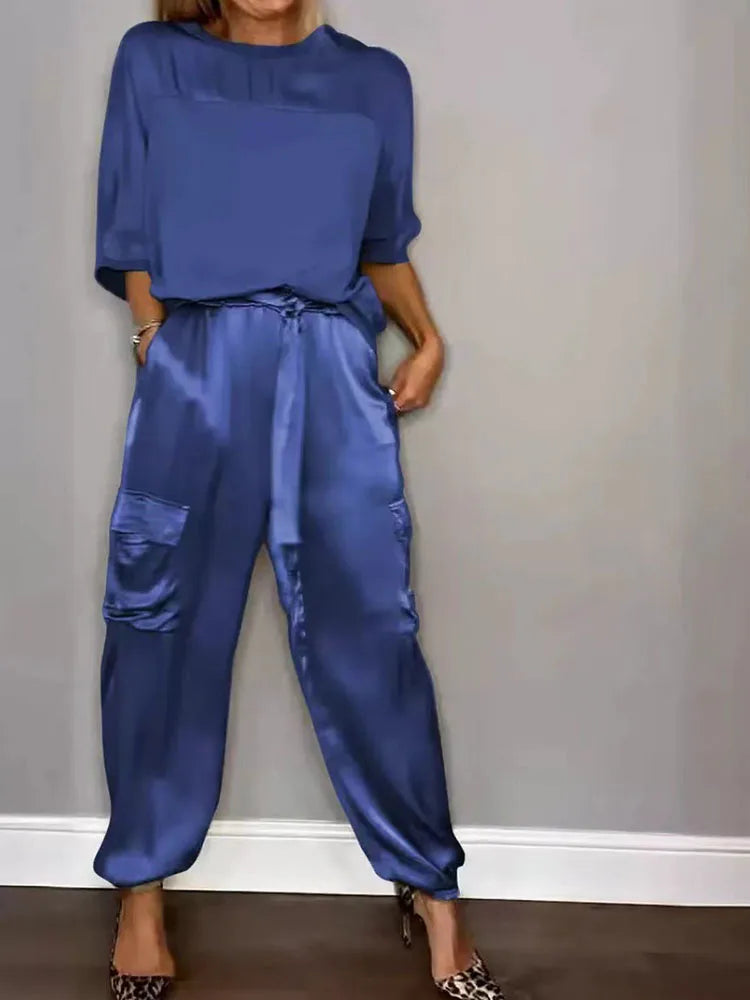 Women's Summer Fashion Solid Satin Two Piece Set Women O Neck Long Sleeved Top Long Pants Casual Loose 2 Piece Set Women Clothes
