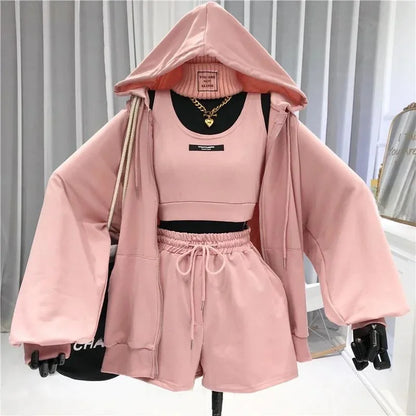 Women's Fashionable Casual Sports Windsuit Spring Autumn Collection Age-Reducing Gym Running Sweatshirt Shorts Three-Piece Set