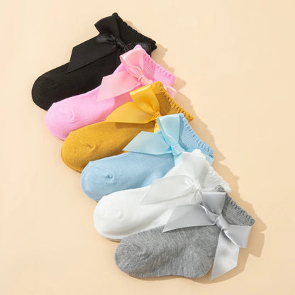8 Pairs Random Kids Girls Socks With Bow  Breathable Short Socks Multicolor Children Casual Princess Socks