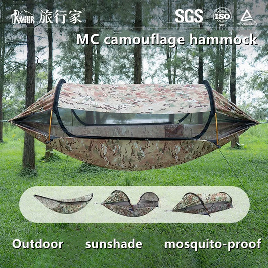 Multi-Function Camping Hammock Kit, Single/Double with MC Camo Rain Fly & Bug Shield, Anti-Roll for Hiking & Backpacking