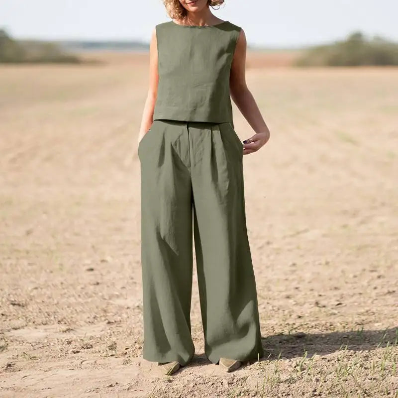 Summer Cotton And Linen Casual Outfits Female Fashion Solid Color Two-piece Set For Women Sleeveless Top Trousers Women's Suit